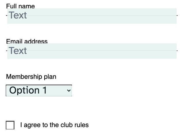 The Membership form with live fields placed on its lines: text boxes on Full name and Email address, a dropdown on Membership plan and a checkbox next to the agree line