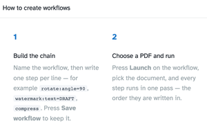 The How to create workflows card — 1 Build the chain with example steps and 2 Choose a PDF and run